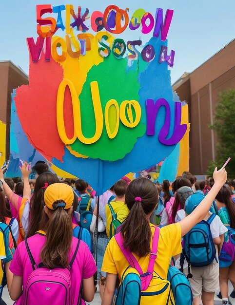 Foto colorata di ritorno a scuola che celebra l'ammissione nella sala della scuola