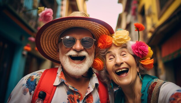 Foto colorata una felice vecchia coppia di turisti in un viaggio intorno al mondo felice foto emotiva