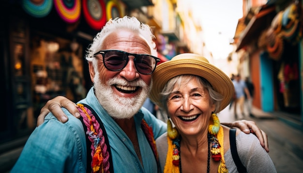 Foto colorata una felice vecchia coppia di turisti in un viaggio intorno al mondo felice foto emotiva