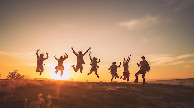 foto colpo pieno di persone che saltano nel tramonto