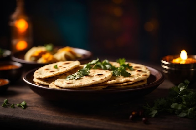 Foto commerciale bellissimo sfondo scuro alla moda chapati piatto di pane piatto delizioso cibo indiano