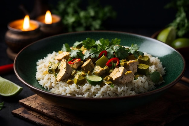 Foto commerciale di cibo indiano su uno sfondo scuro curry vegetariano con riso e verdure