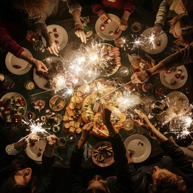 Foto completa degli amici che festeggiano il nuovo anno