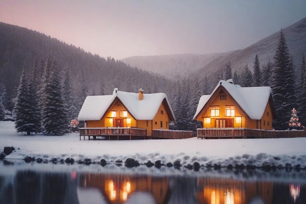 foto cottage nevoso nelle montagne magiche nevosa atmosfera invernale casa accogliente nella sera invernale