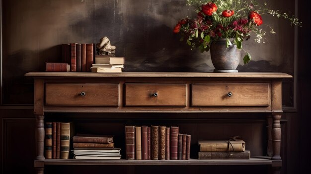 Foto credenza in legno con libri e una pianta