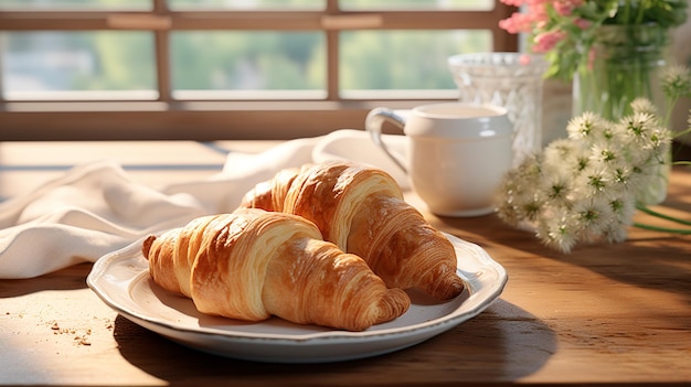 foto croissant freschi su un piatto bianco in cucina ai generativa