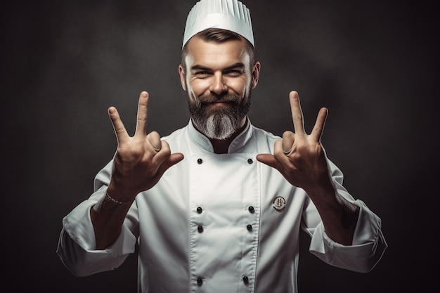 foto cuoco maschio in uniforme bianco che fa un segno gustoso contro uno sfondo grigio
