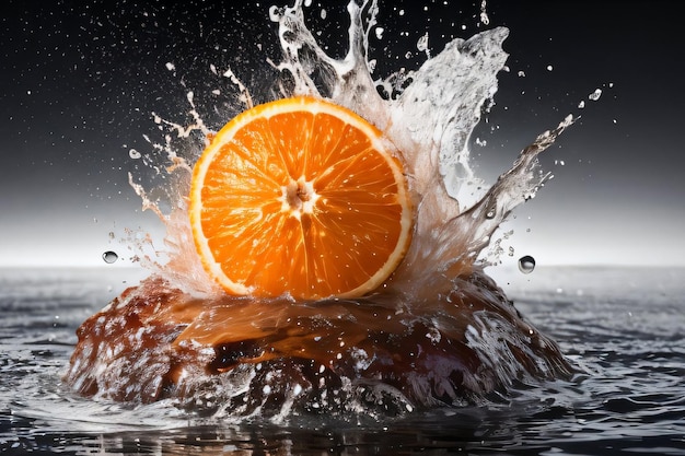 Foto d'arte creativa dell'arancia che cade nell'acqua con spruzzi