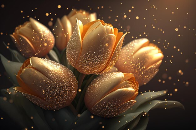 Foto d'arte tulipani dorati con scintillii su sfondo marrone Regalo per la festa della donna Bellissimi fiori Generazione AI