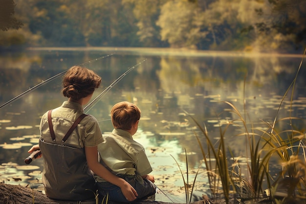 Foto d'epoca di una madre e un figlio che pescano accanto a un treno