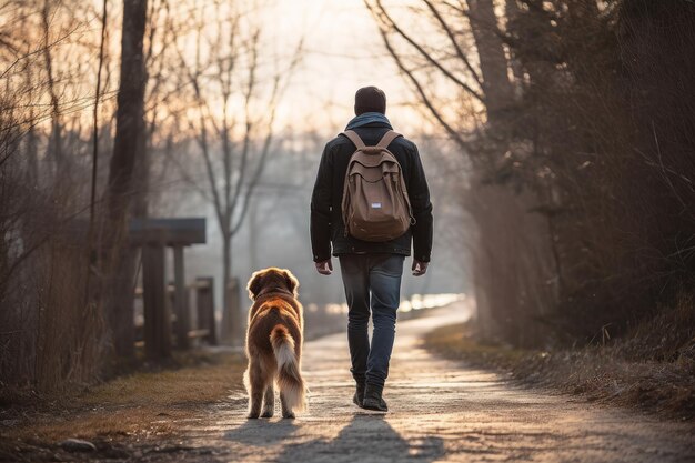 Foto da dietro di un cane che cammina accanto al suo proprietario