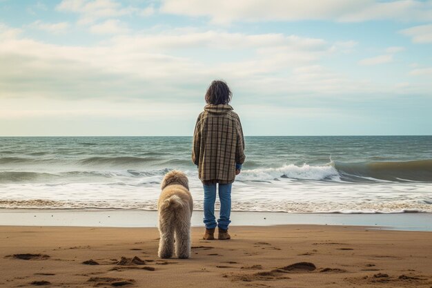 Foto da dietro di un cane e del suo proprietario in una passeggiata sulla spiaggia