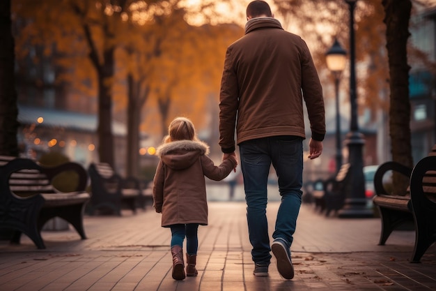 Foto da dietro di un genitore e un bambino che camminano mano nella mano