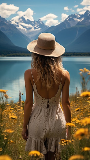 foto da dietro di una donna avventurosa in piedi in un campo di fiori gialli che guarda la montagna