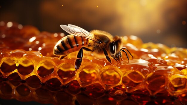 foto da vicino a nido d'ape con api e miele ai generativa