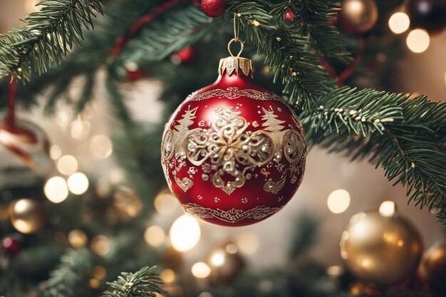Foto da vicino dell'albero di Natale decorato con ornamenti
