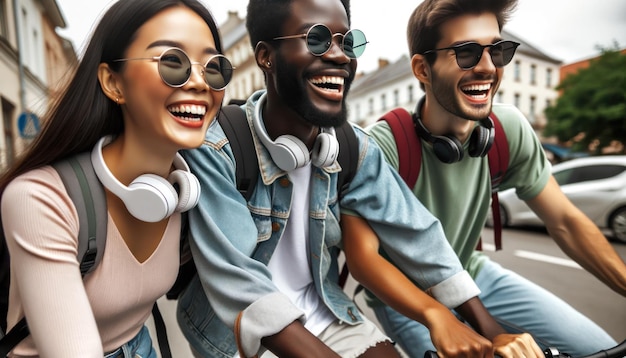 Foto da vicino di amici che si godono il viaggio in bicicletta per andare al lavoro