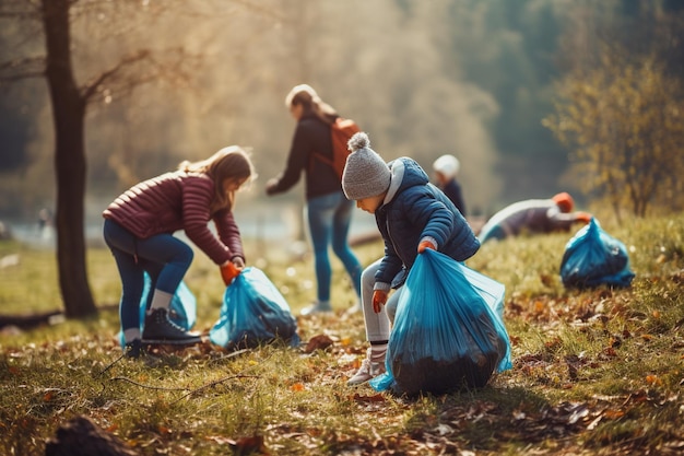 Foto da vicino di bambini che raccolgono la spazzatura al parco per la Giornata della Terra