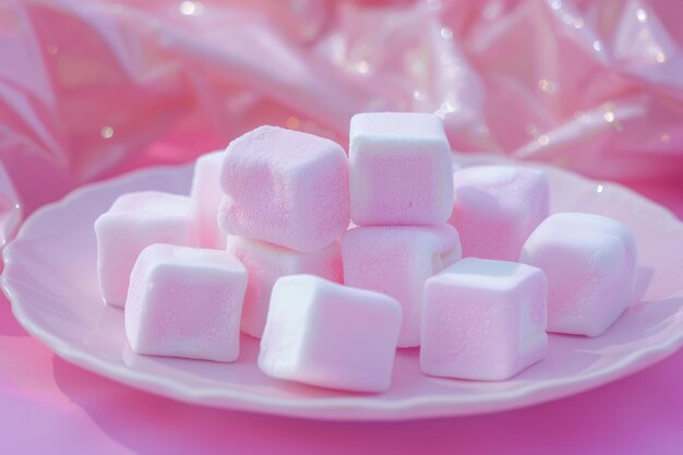 Foto da vicino di marshmallows quadrati su un bel piatto pastello