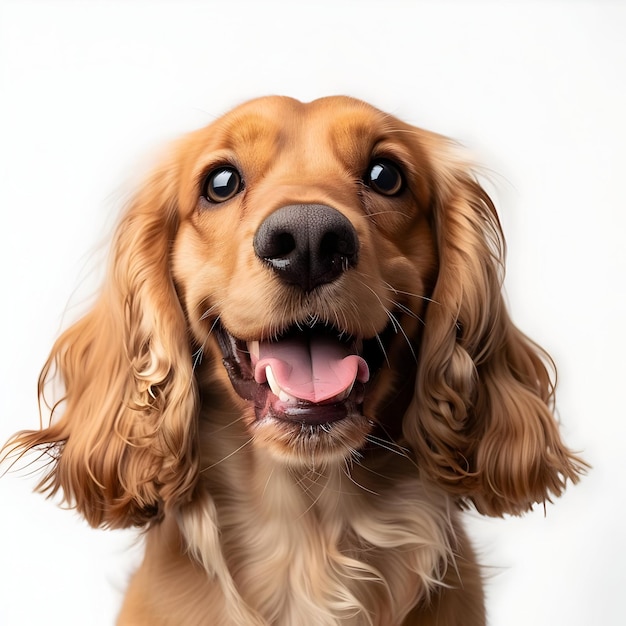 Foto da vicino di un cocker spaniel felice isolato su uno sfondo bianco di alta qualità