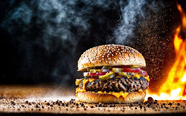 foto da vicino di un grande e succoso doppio hamburger di formaggio e manzo su una vecchia tavola di legno con sfondo nero e intelligenza artificiale generativa di fumo
