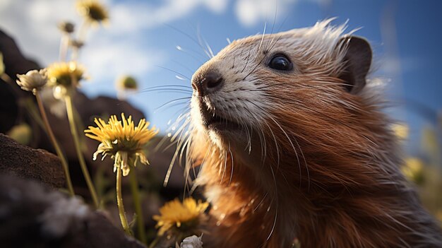 Foto da vicino di un porcellino d'India che guarda il suo habitat