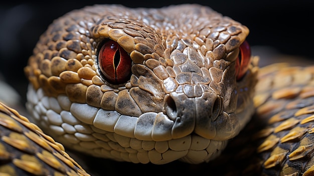 Foto da vicino di un serpente a campanello che guarda il suo habitat
