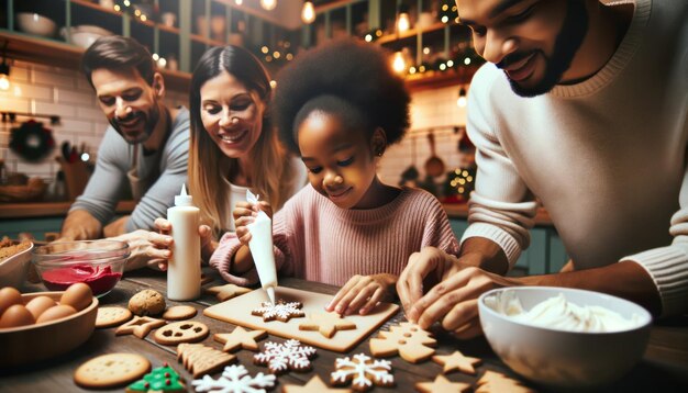 Foto da vicino di una famiglia diversificata in una cucina ben illuminata impegnata nella gioiosa attività di cucinare biscotti natalizi