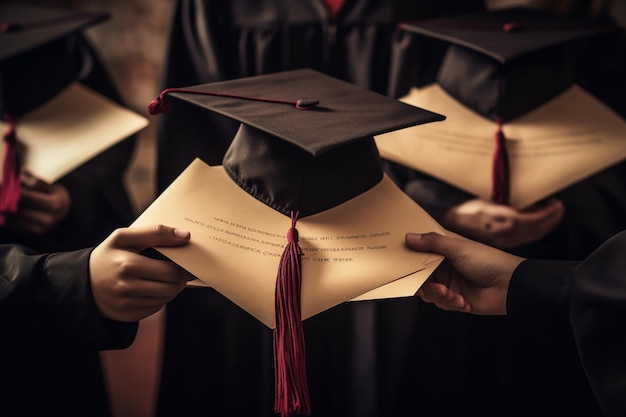 foto da vicino mani con diplomi e cappelli