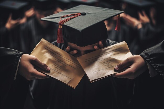 foto da vicino mani con diplomi e cappelli