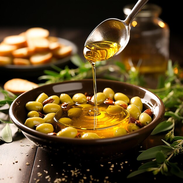 foto da vicino olio d'oliva e olive biologiche generati da AI
