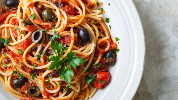 Foto dal basso di uno Spaghetti Puttanesca su uno sfondo bianco