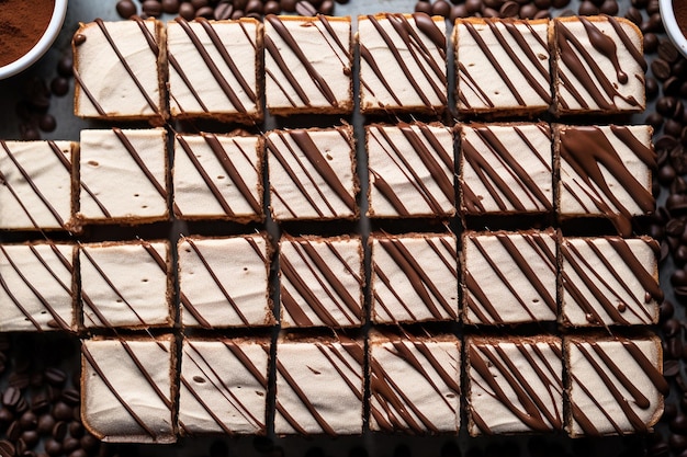 Foto dall'alto di barrette di cheesecake tiramisu con strati di crosta di cracker Graham e caffè