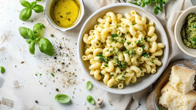 Foto dall'alto di Pesto Macaroni e Formaggio