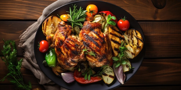 Foto dall'alto di pollo e verdure alla griglia su un tavolo di legno