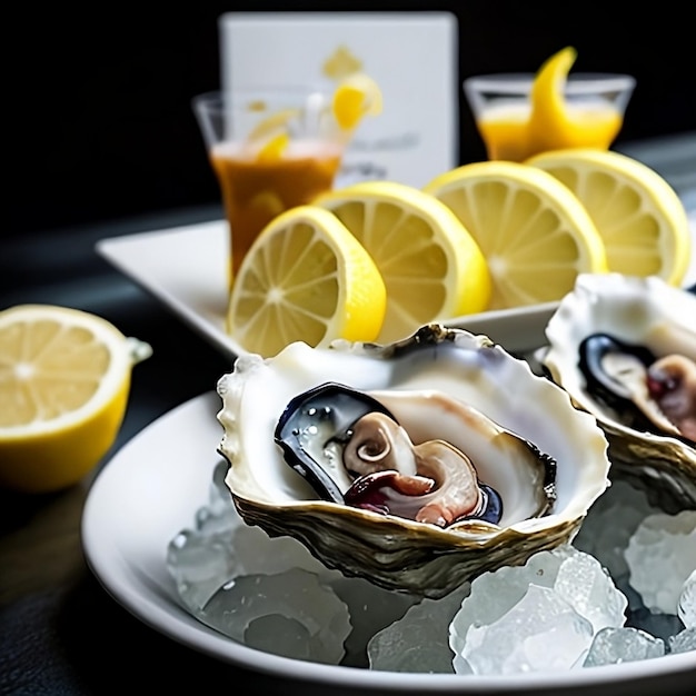 foto de prato de ostras frescas no gelo com rodelas de limao e molho cocktail Criado com IA