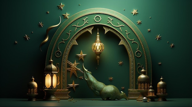Foto decorazione islamica verde con mezzaluna 3d e lanterna
