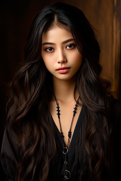 foto dei capelli lunghi della giovane donna asiatica con stile trucco coreano sul viso e pelle perfetta