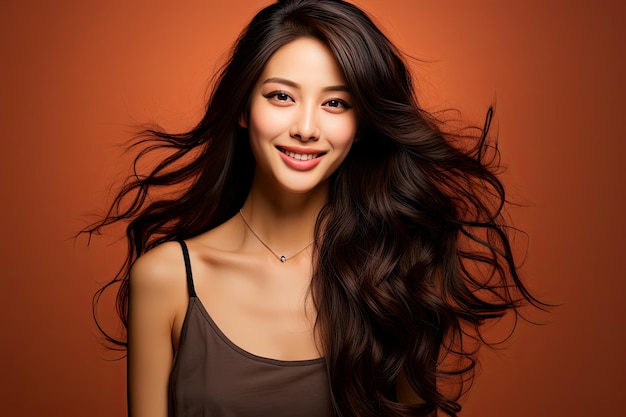 foto dei capelli lunghi della giovane donna asiatica con stile trucco coreano sul viso e pelle perfetta