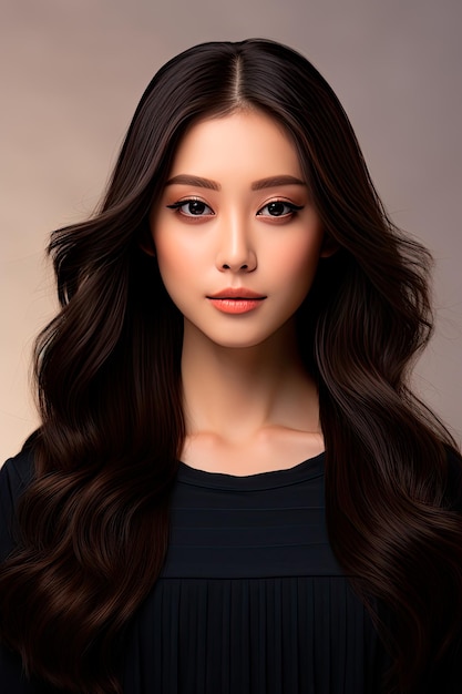 foto dei capelli lunghi della giovane donna asiatica con stile trucco coreano sul viso e pelle perfetta