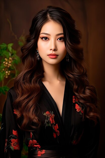 foto dei capelli lunghi della giovane donna asiatica con stile trucco coreano sul viso e pelle perfetta