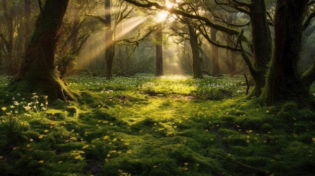 Foto dei raggi del sole che sbirciano attraverso i lussureggianti alberi verdi in una foresta tranquilla