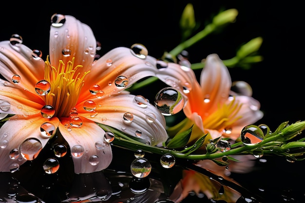 Foto dei riflessi floreali nelle gocce d'acqua