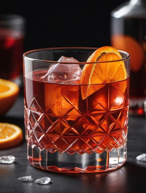 Foto del cocktail Negroni in vetro di cristallo con cubetti di ghiaccio e fette di arancia