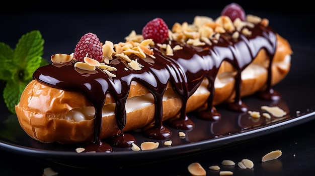 Foto del dessert di eclairs sul piatto con le decorazioni superiori