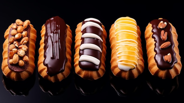 Foto del dessert di eclairs sul piatto con le decorazioni superiori