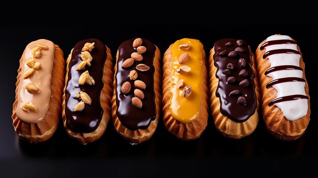 Foto del dessert di eclairs sul piatto con le decorazioni superiori