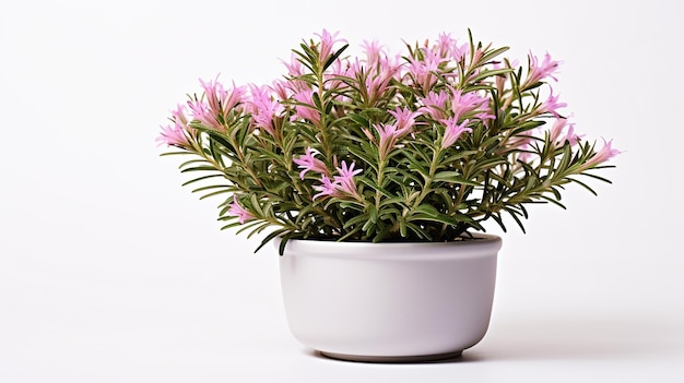 Foto del fiore del rosmarino in vaso isolato su fondo bianco