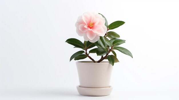 Foto del fiore della camelia in vaso isolato su fondo bianco