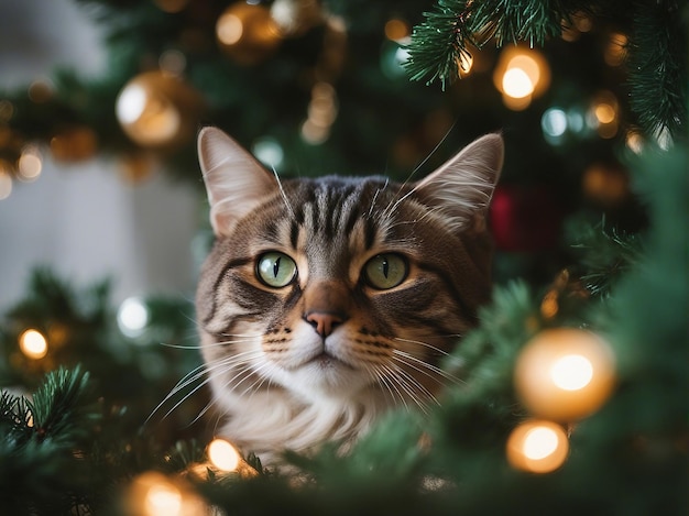 Foto del gatto nell'albero di Natale